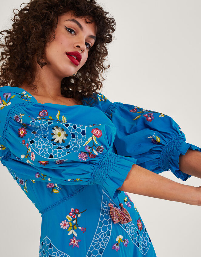 Tina Embroidered Knee-Length Dress, Blue (BLUE), large