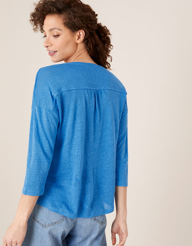 Split Long Sleeve Top in Pure Linen, Blue (BLUE), large