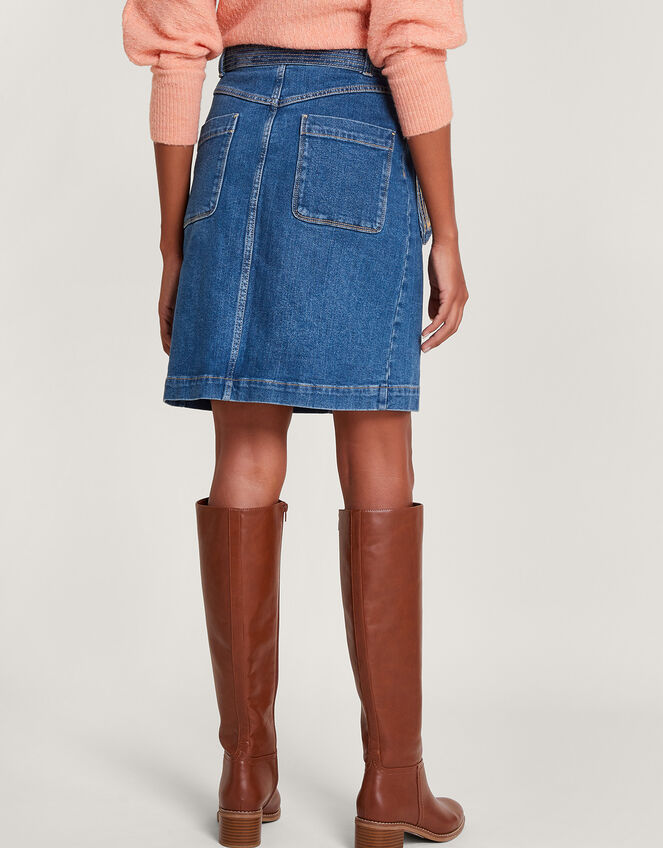 Denim Button Through Belted Skirt with Sustainable Cotton, Blue (INDIGO), large