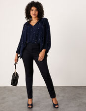 Embellished Dot Long Sleeve Blouse, Blue (NAVY), large