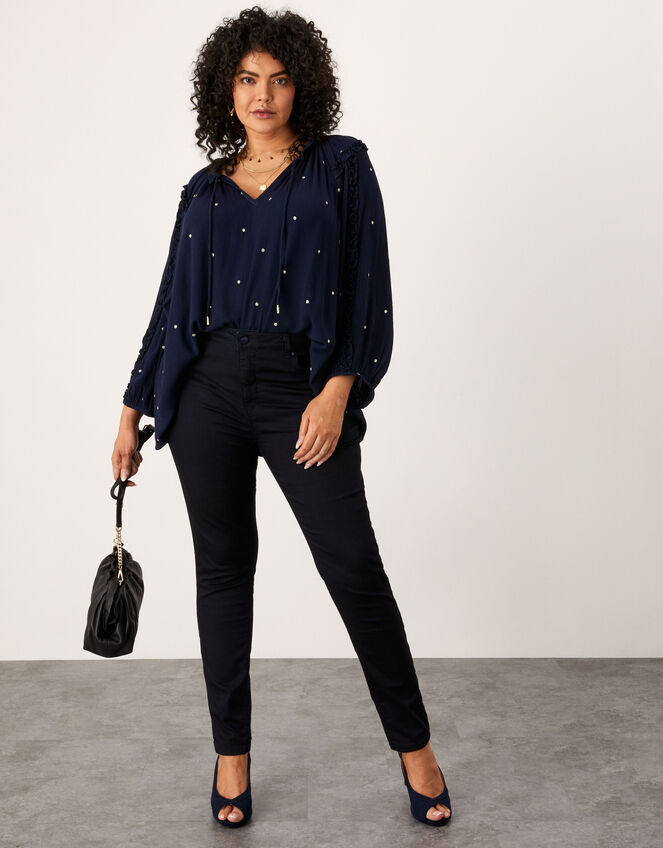 Embellished Dot Long Sleeve Blouse, Blue (NAVY), large