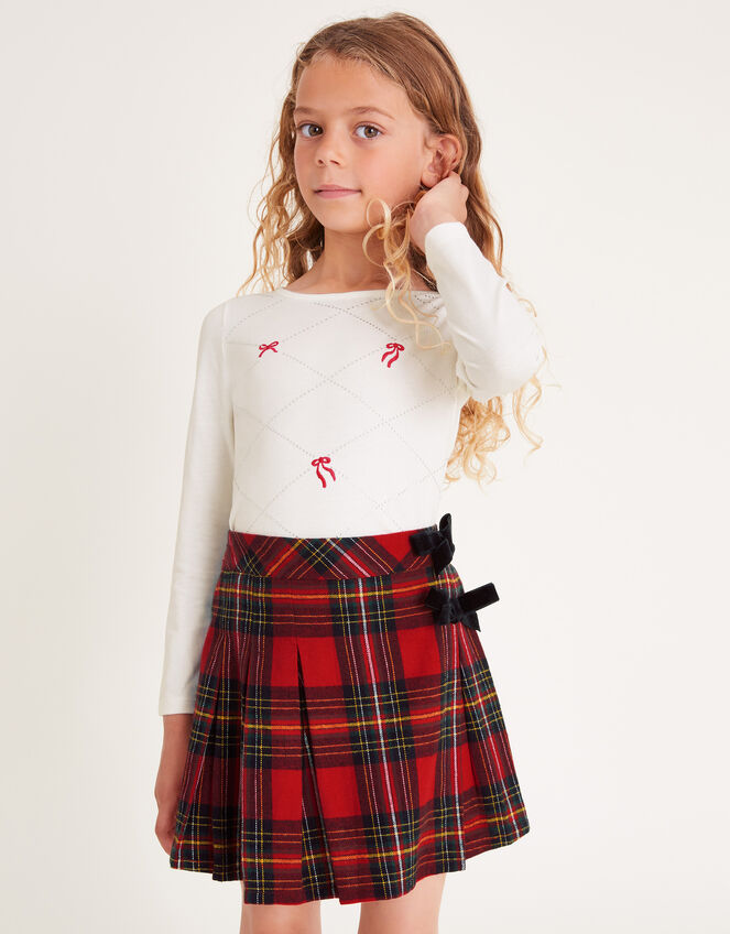 Long Sleeve Bow Top and Tartan Skirt Set, Red (RED), large