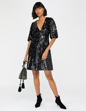 Serena Sequin Wrap Dress, Black (BLACK), large