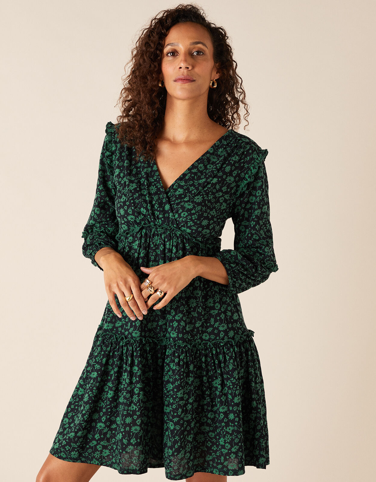 Floral Tiered Short Dress with Organic Cotton Black