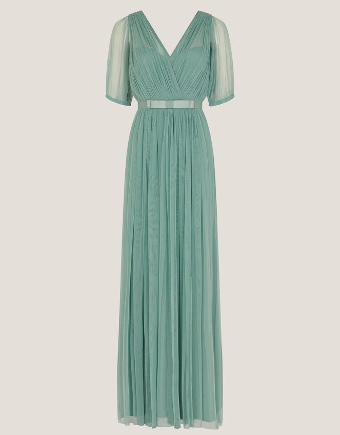 Ellie Sheer Sleeve Plunge Tulle Maxi Dress Green