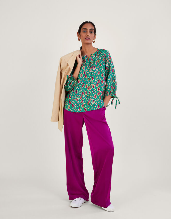 Print Tie Cuff Button Through Linen Blouse, Green (GREEN), large