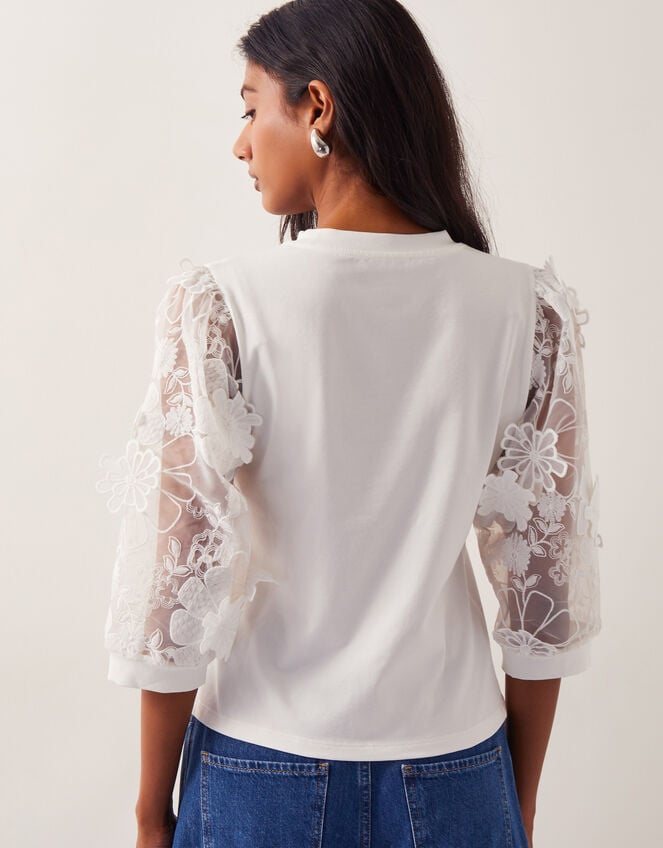 Fi Floral Sheer-Sleeve Top, Ivory (IVORY), large