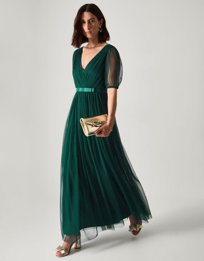 Ellie Sheer Sleeve Plunge Tulle Maxi Dress Green