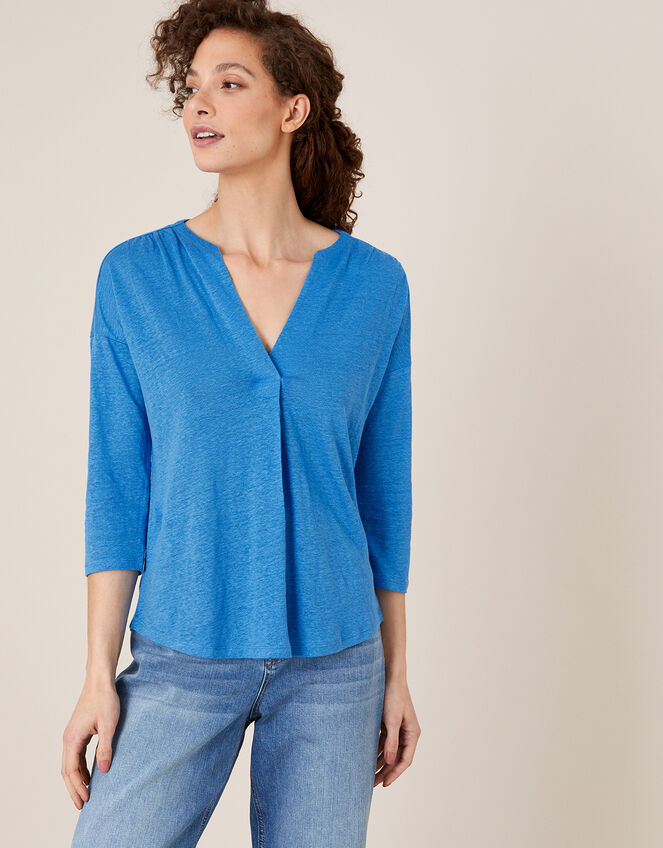 Split Long Sleeve Top in Pure Linen, Blue (BLUE), large