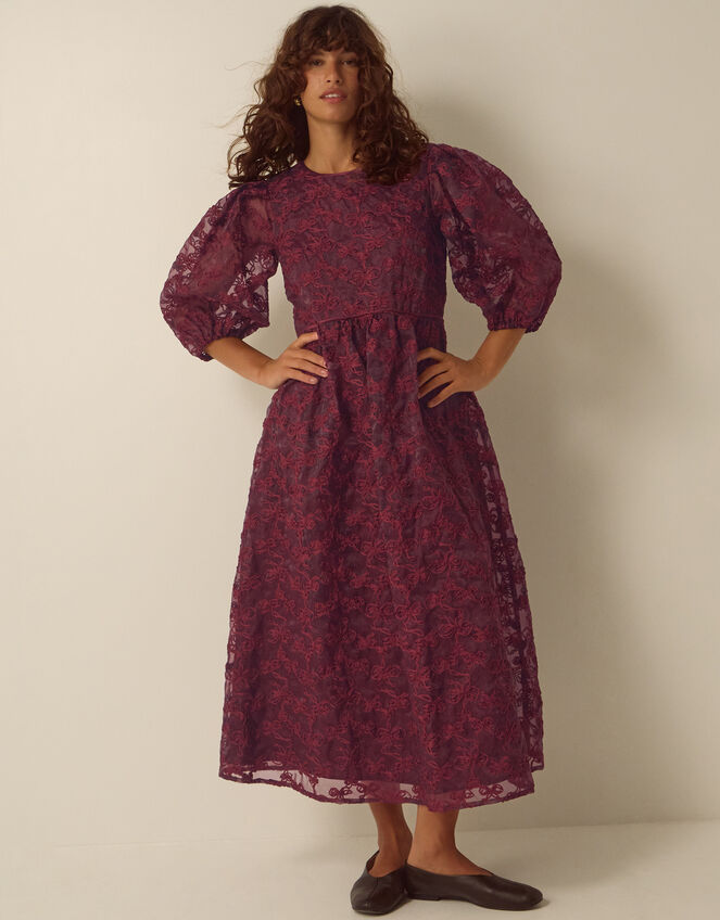 Wren Embroidered Organza Midi Dress, Red (BURGUNDY), large