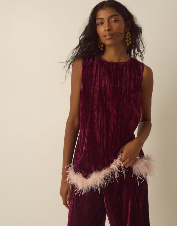 Emma Sleeveless Feather Crushed Velvet Top, Red (BURGUNDY), large