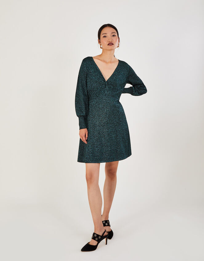 V-Neck Twist Metallic Dress with LENZING™ ECOVERO™ , Green (GREEN), large