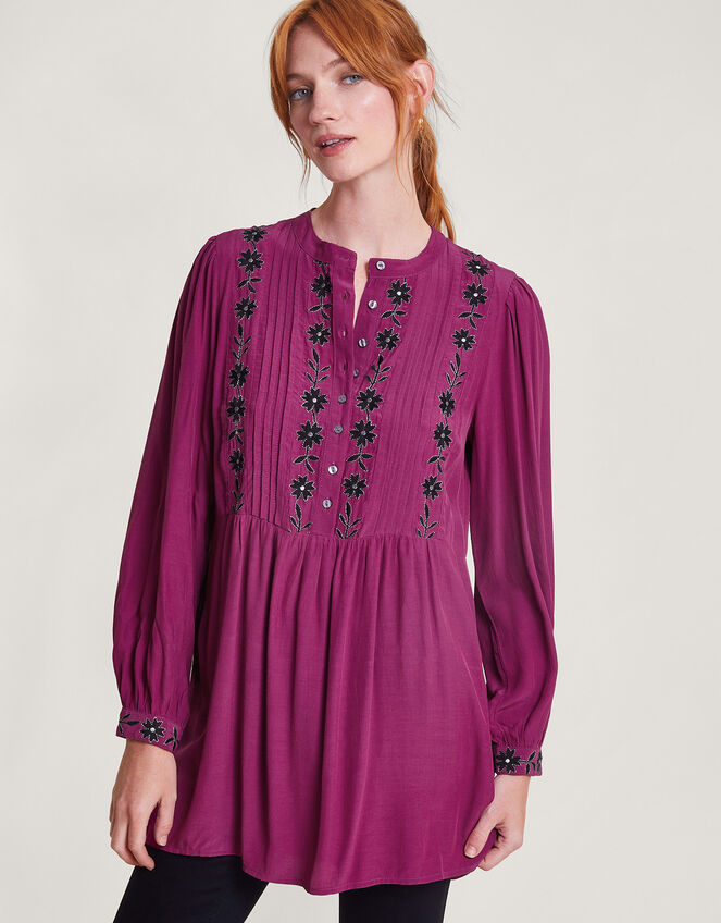 Longline Embroidered Tunic Top, Pink (PINK), large