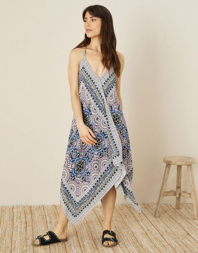 Geometric Print Hanky Hem Dress, Blue (BLUE), large