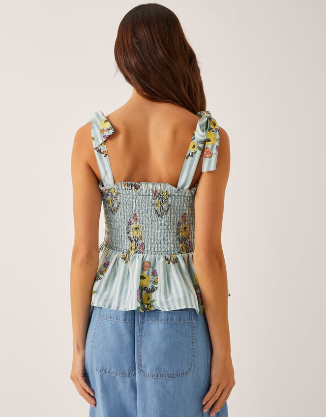 Lucille Floral Stripe Smocked Top, Blue (BLUE), large