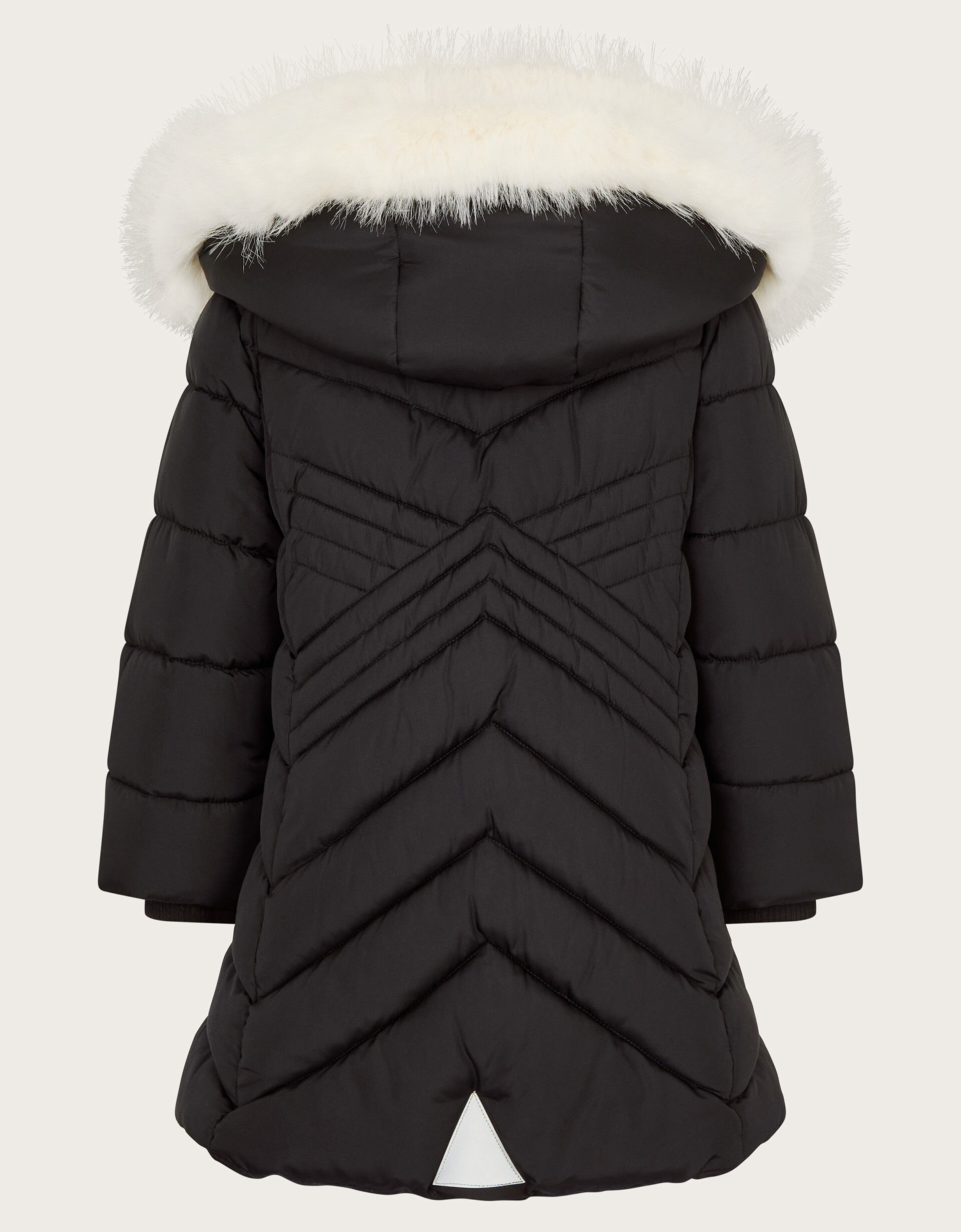 Faux Fur Trim Chevron Puffer Coat Black
