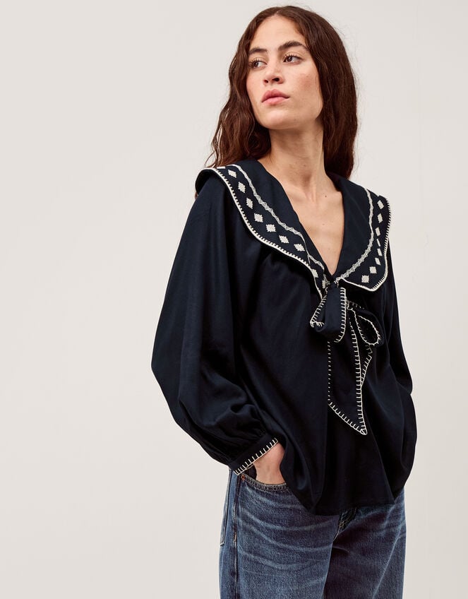 Lola Embroidered Sailor Collar Top, Blue (NAVY), large