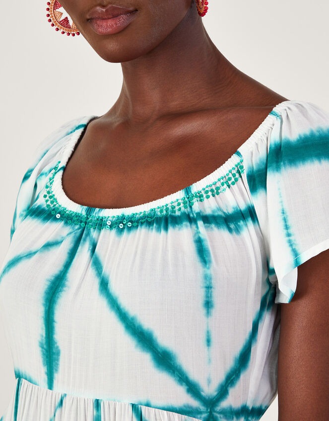 Tie Dye Cross Print High Low Dress, White (WHITE), large