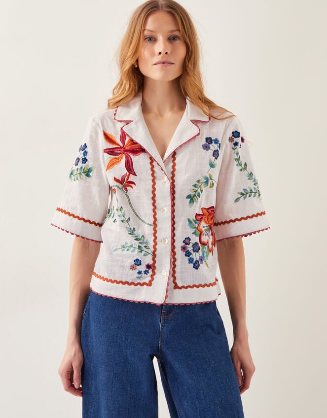 Delphi Floral Embroidered Cotton Shirt, White (WHITE), large