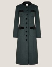 Viv Velvet Trim Military Coat, Green (GREEN), large