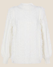 Cable Knit Bobble Fringe Jumper, Ivory (IVORY), large