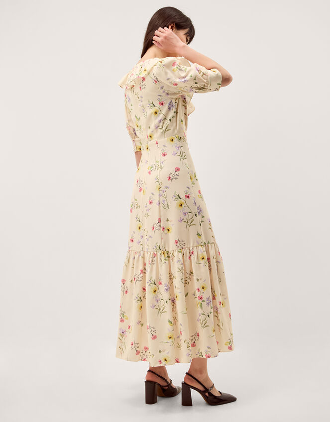 Sienna Frill Neck Floral Midi Dress Ivory