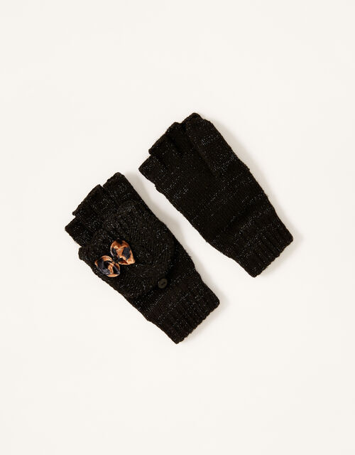 Leopard Bow Sparkle Capped Gloves, Black (BLACK), large