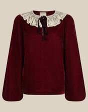 Monsoon x Queens of Archive Phoebe Lace Collar Velvet Top​, Red (RED), large