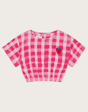 Short Sleeve Gingham Crop Top, Pink (PINK), large
