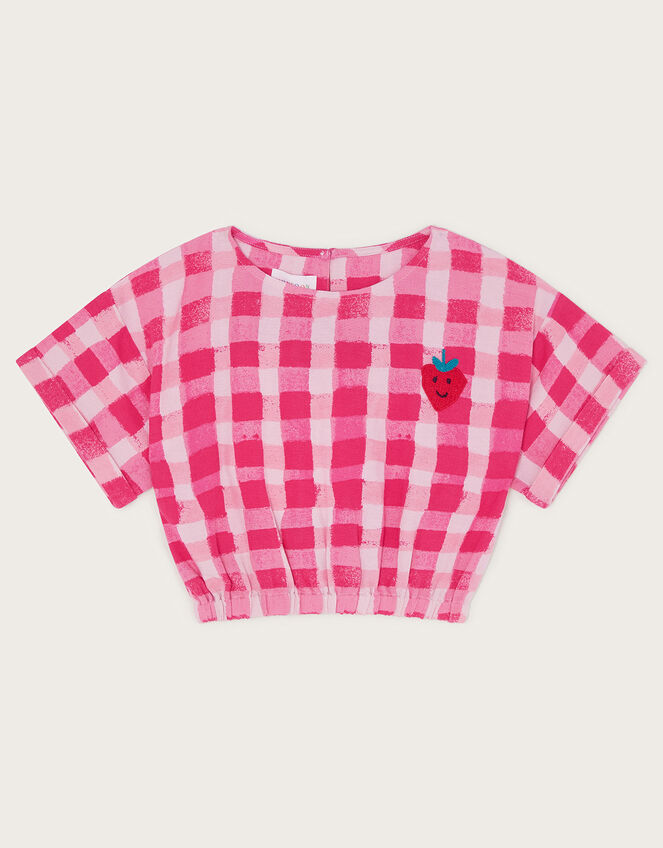Short Sleeve Gingham Crop Top, Pink (PINK), large