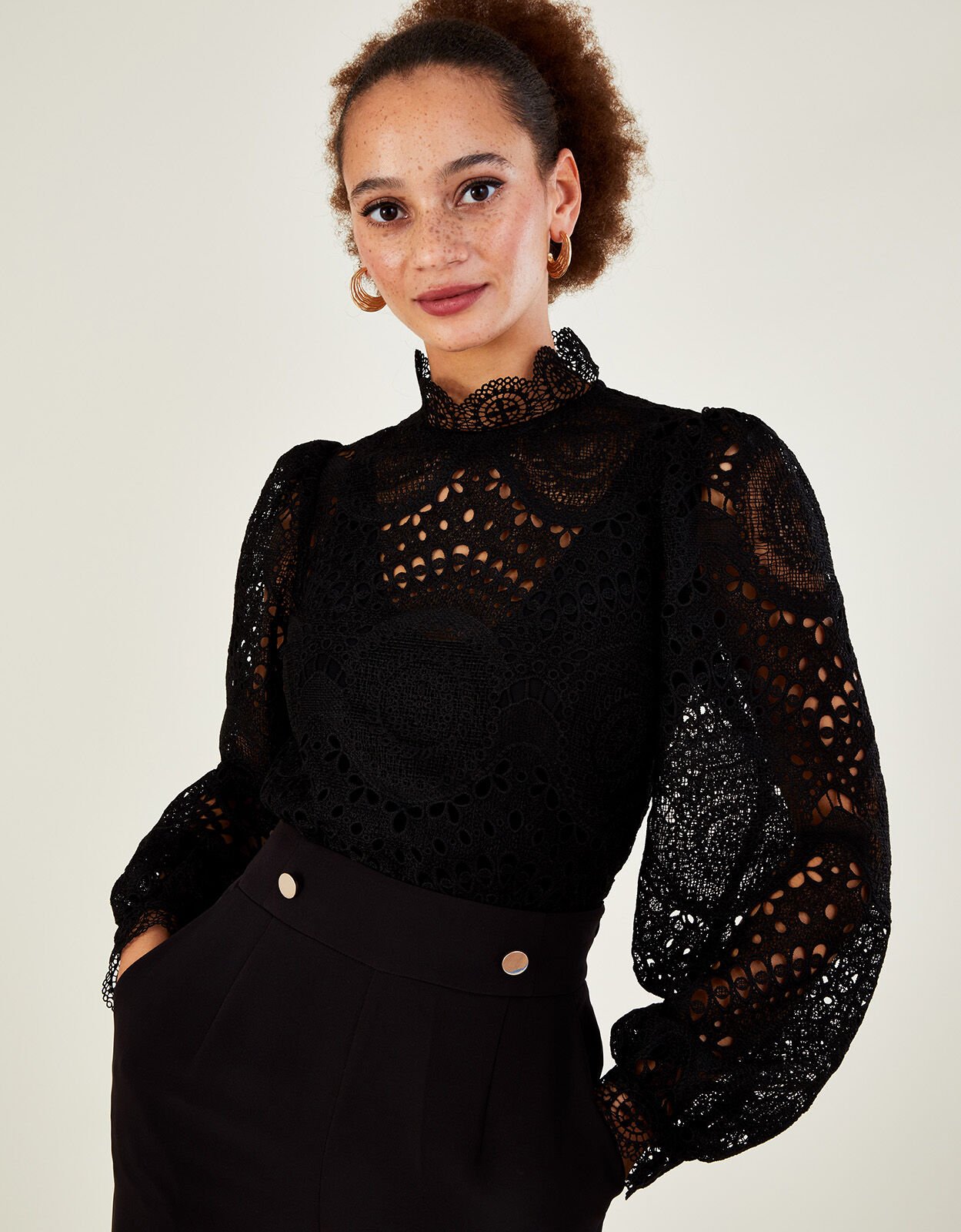 Black lace high neck blouse top