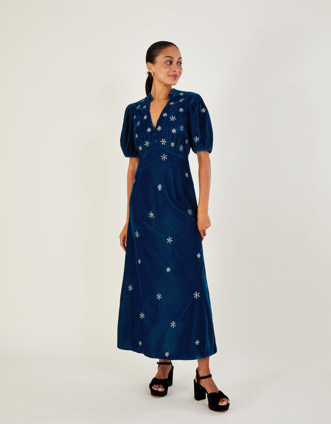 Patrice Velvet Embroidered Tea Dress, Blue (COBALT), large