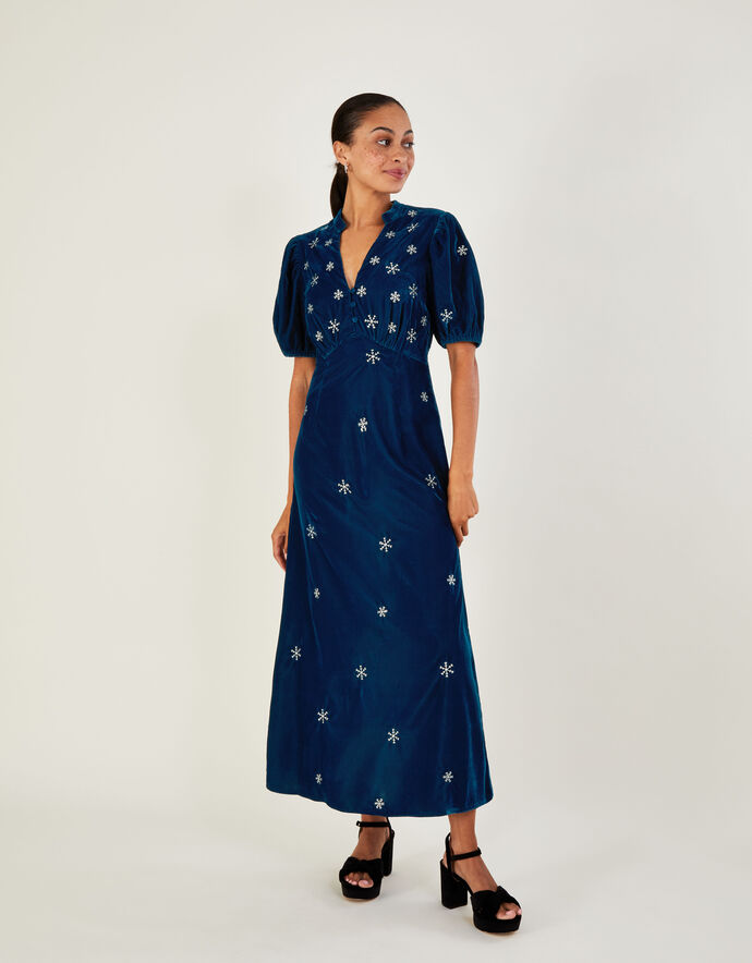 Patrice Velvet Embroidered Tea Dress Blue