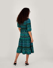 Tiered Leaf Print Midi Jersey Dress with Sustainable Cotton, Green (GREEN), large