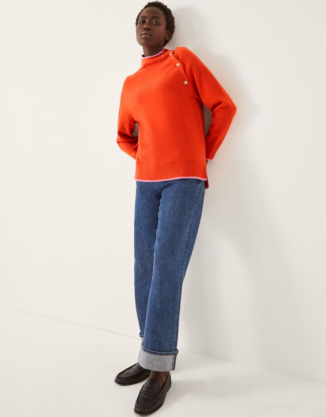 Bella High Neck Button Jumper, Orange (ORANGE), large