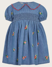 Baby Floral Embroidered Chambray Dress, Blue (BLUE), large