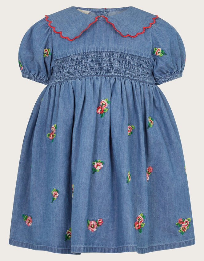 Baby Floral Embroidered Chambray Dress, Blue (BLUE), large