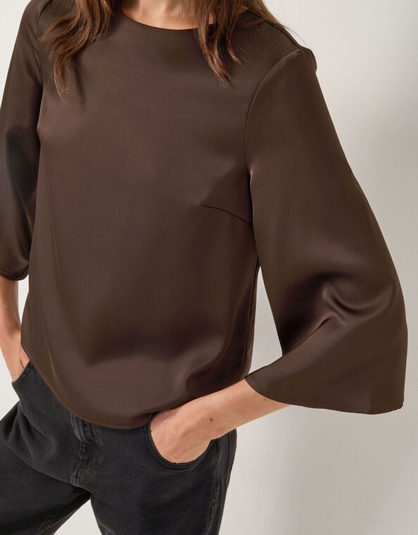 Ingrid Bell Sleeve Satin Blouse, Brown (CHOCOLATE), large
