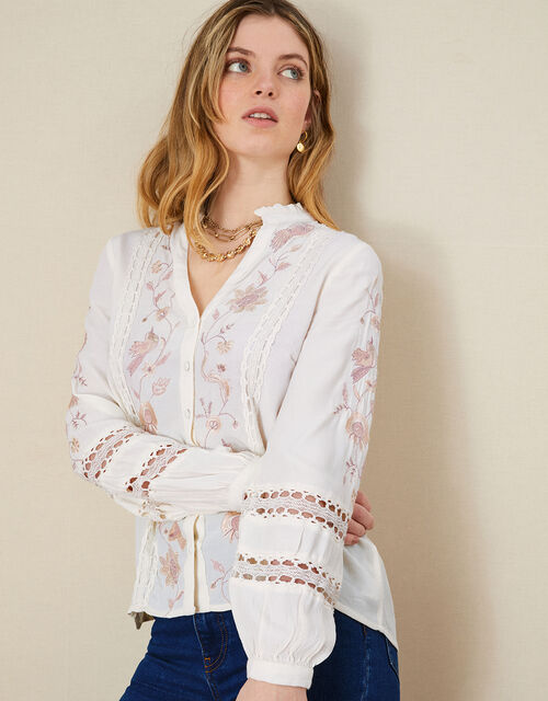 Estelle Embroidered Blouse in Sustainable Viscose, Ivory (IVORY), large