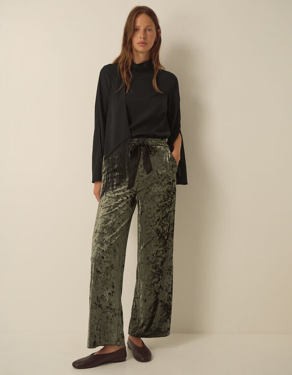 Ola Crushed Velvet Wide Leg Joggers, Green (KHAKI), large