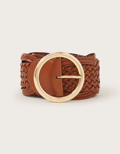 Woven Circular Leather Buckle Belt, Tan (TAN), large