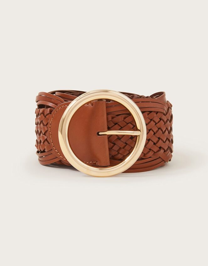 Woven Circular Leather Buckle Belt, Tan (TAN), large
