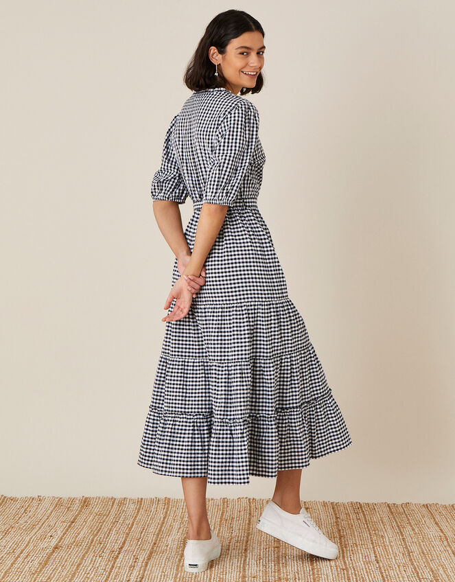 Gingham Wrap Dress in Organic Cotton, Black (BLACK), large
