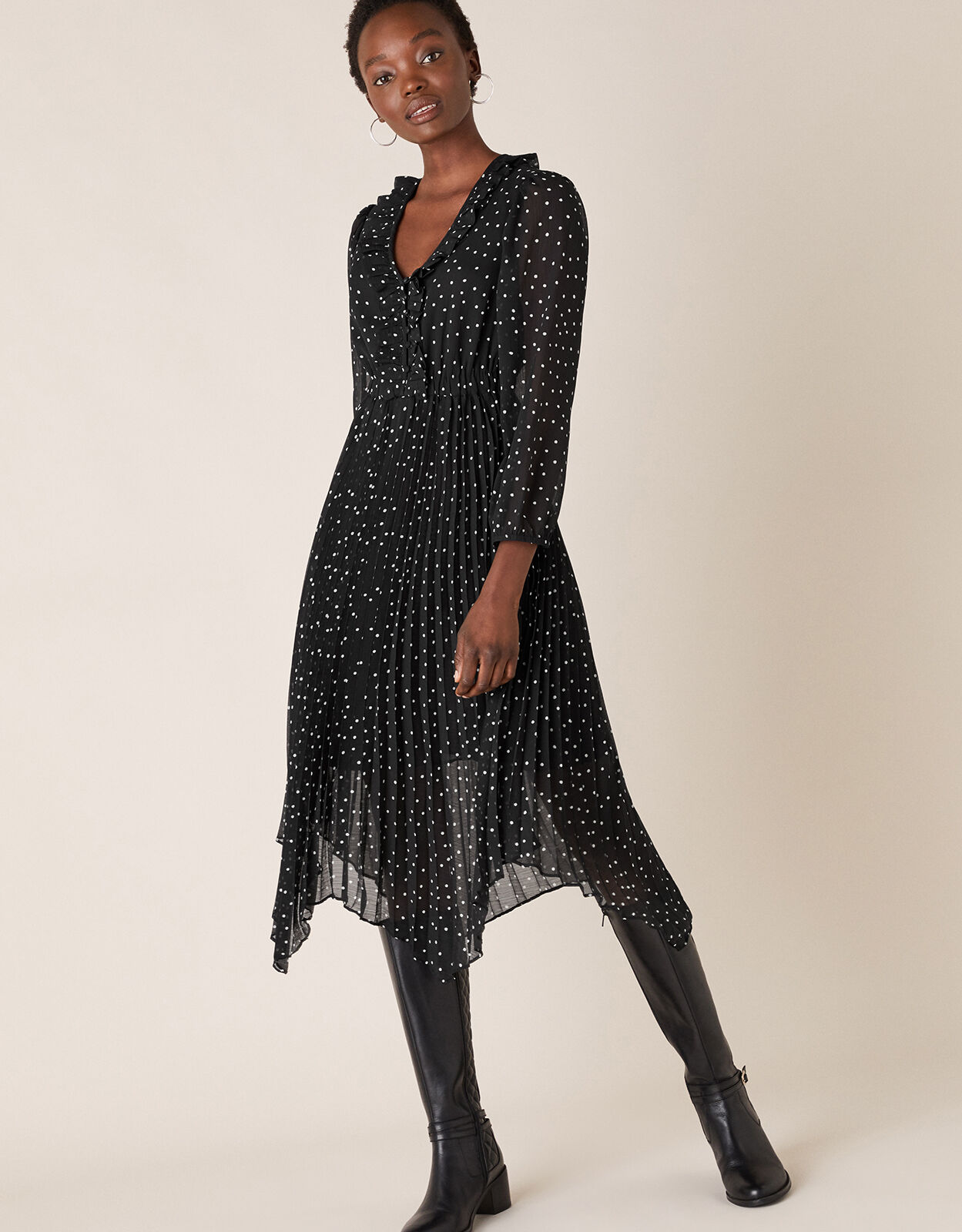 Spot Print Pleated Hanky Hem Dress Black Day Dresses Monsoon UK