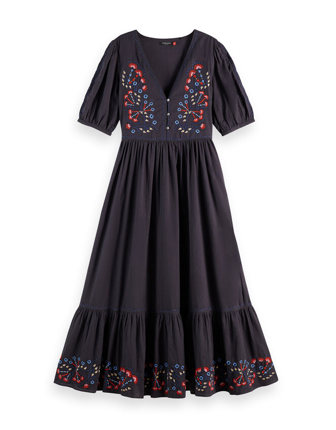 Scotch & Soda Embroidered Short Sleeve Midi Dress, Grey (CHARCOAL), large