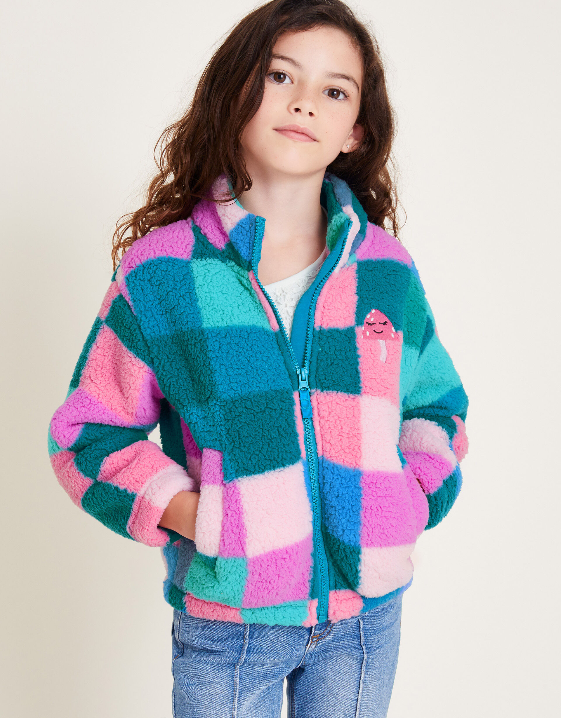 Check Print Mushroom Zip Fleece Jacket Multi