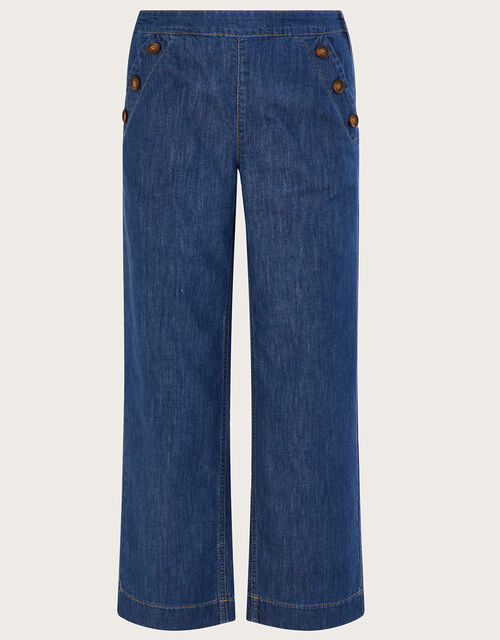 Denim Pull On Crop Flared Jeans in Organic Cotton, Blue (DENIM BLUE), large