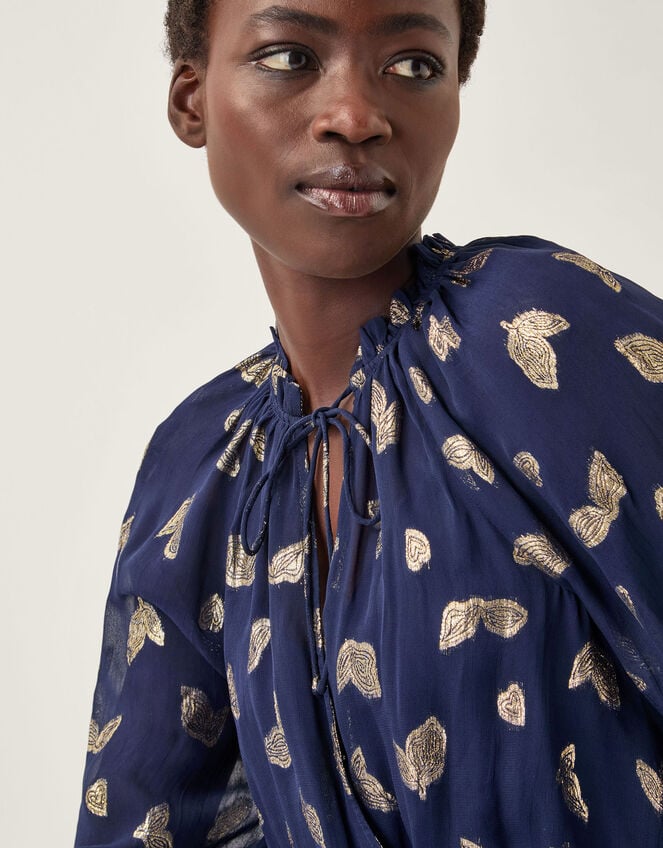 Angela Leaf Print Wrap Blouse, Blue (NAVY), large