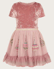 Short Sleeve Velvet Christmas Bauble Dress, Pink (PINK), large