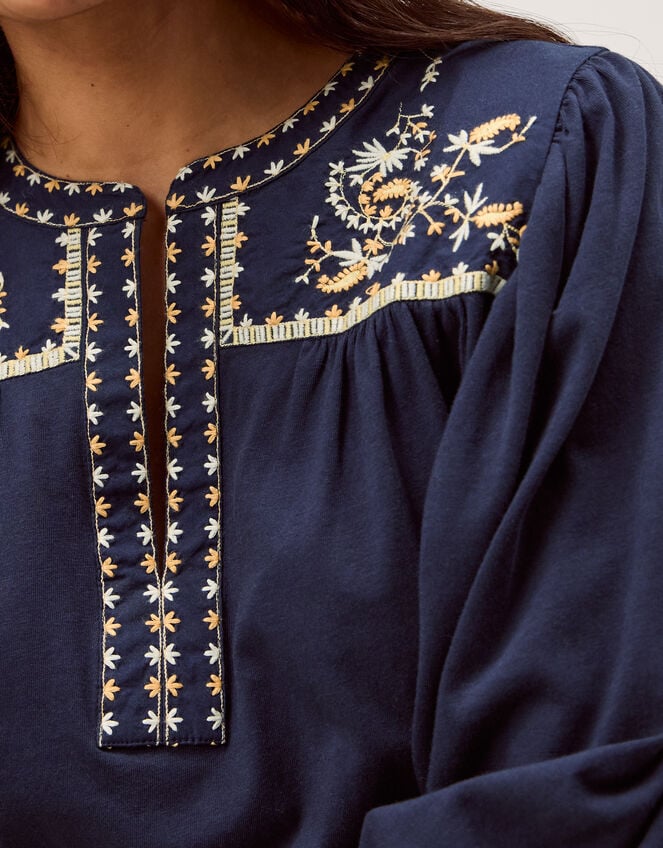 Emi Embroidered Cotton Jersey Top, Blue (NAVY), large